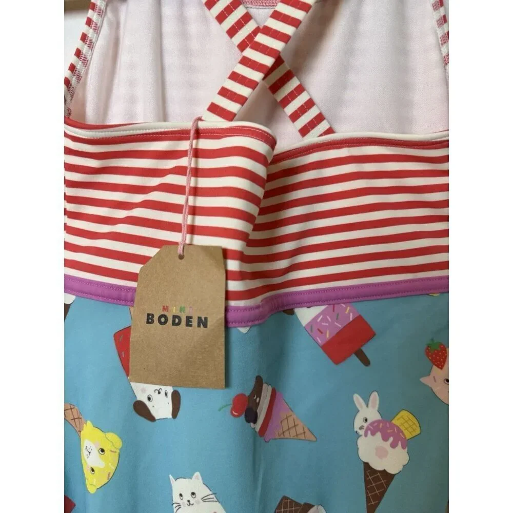 Mini Boden Hotchpotch Girls Swimsuit Stripes Ice Cream Animals Size 11-12Y NWT